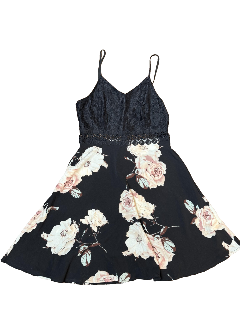 Shein Dress Womens Medium 6 Black Floral Lace Bodice Spaghetti Strap A-Line